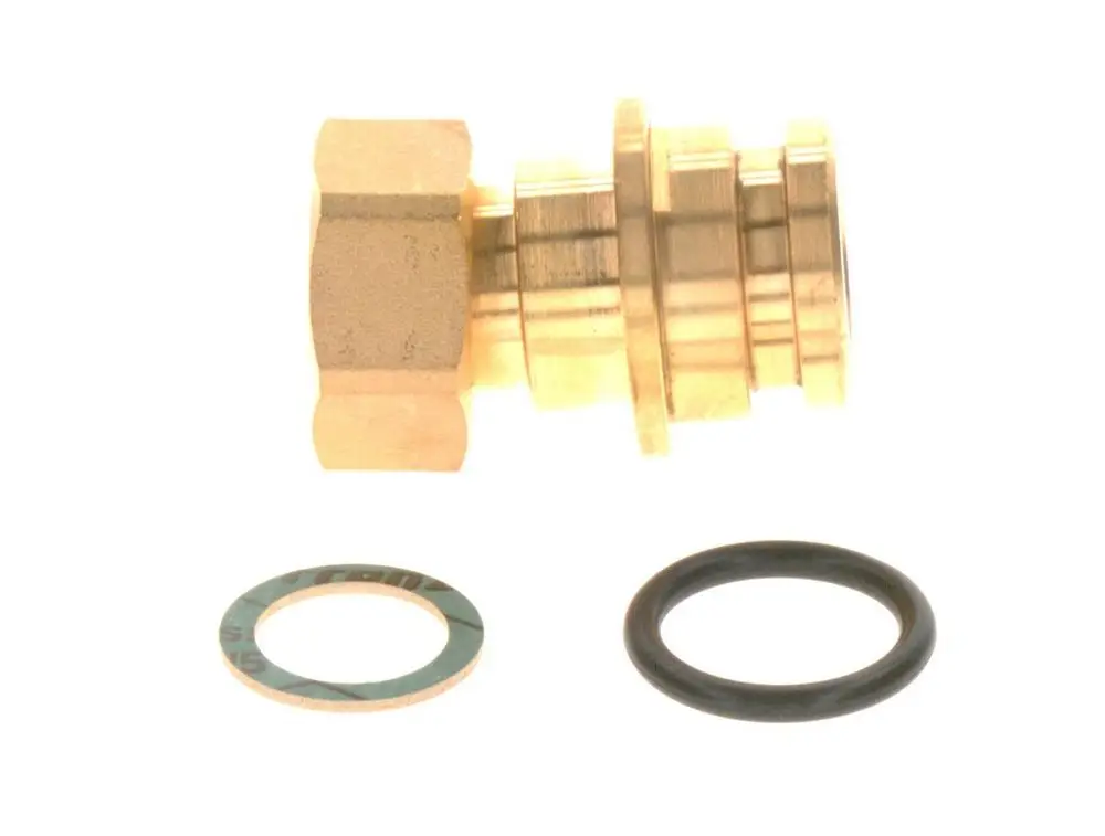 Bosch Anschlussnippel aus Messing mit Unterlegscheibe und O-Ring, geeignet für Heizungsinstallationen, zur Verbindung von Rohrsystemen.